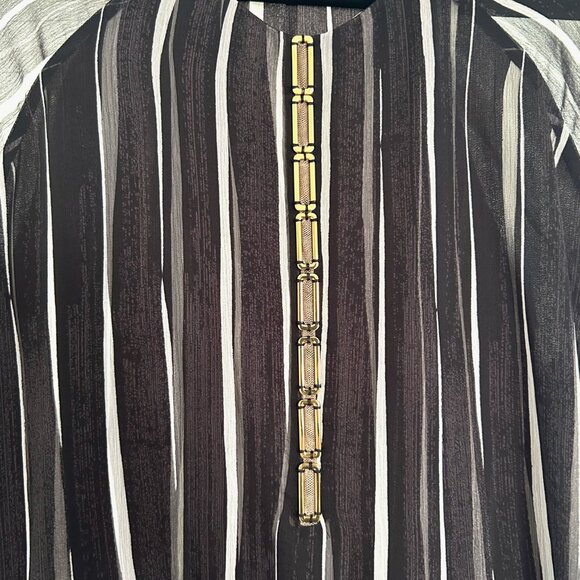 Halston Heritage Black Stripe Mini Dress, Crinkle Chiffon, Gold Detail, Sz. XL - Picture 6 of 11